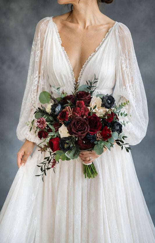 Burgundy Silk Flower Bridal Bouquet, Handmade Boho Artificial Wedding flowers