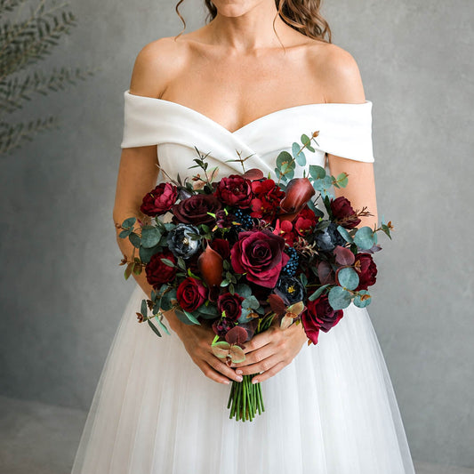 Burgundy Silk Wedding Bouquet, Moody Artificial Bridal Flowers
