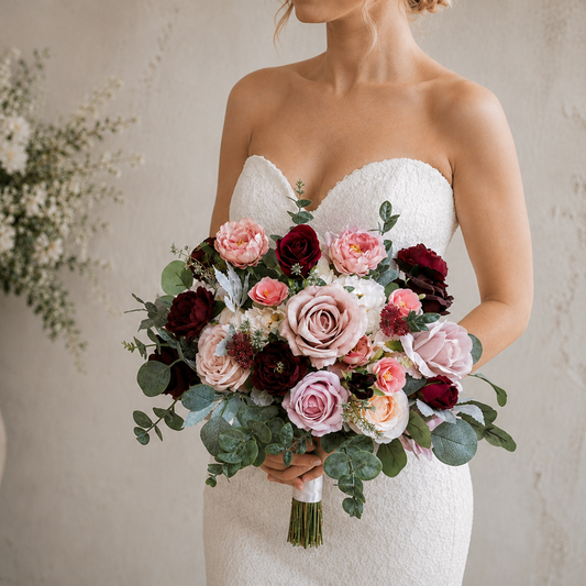 Dusty pink and burgundy silk wedding bouquet with roses, blush blooms and greenery