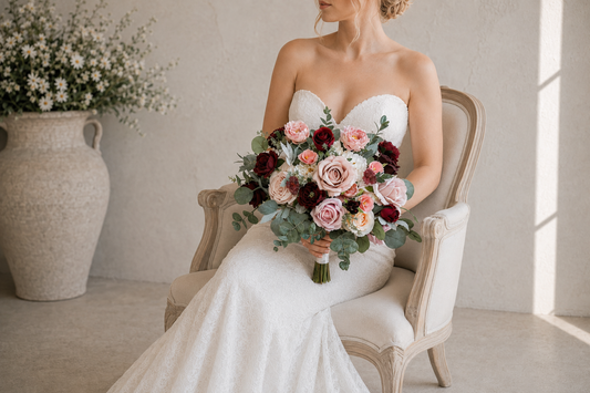 Dusty Pink and Burgundy Silk Wedding Bouquet, Elegant Artificial Bridal Flowers