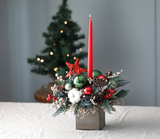 Ornaments & Red Star Candle Centerpiece