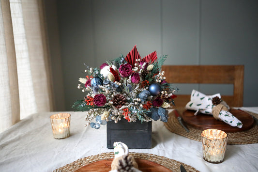 Burgundy & Blue Winter Centerpiece