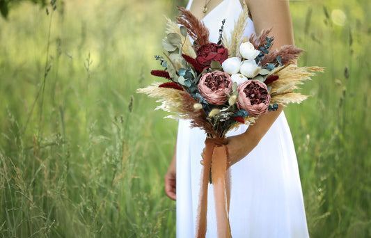 Burgundy Roses & Peony Pampas Bouquet