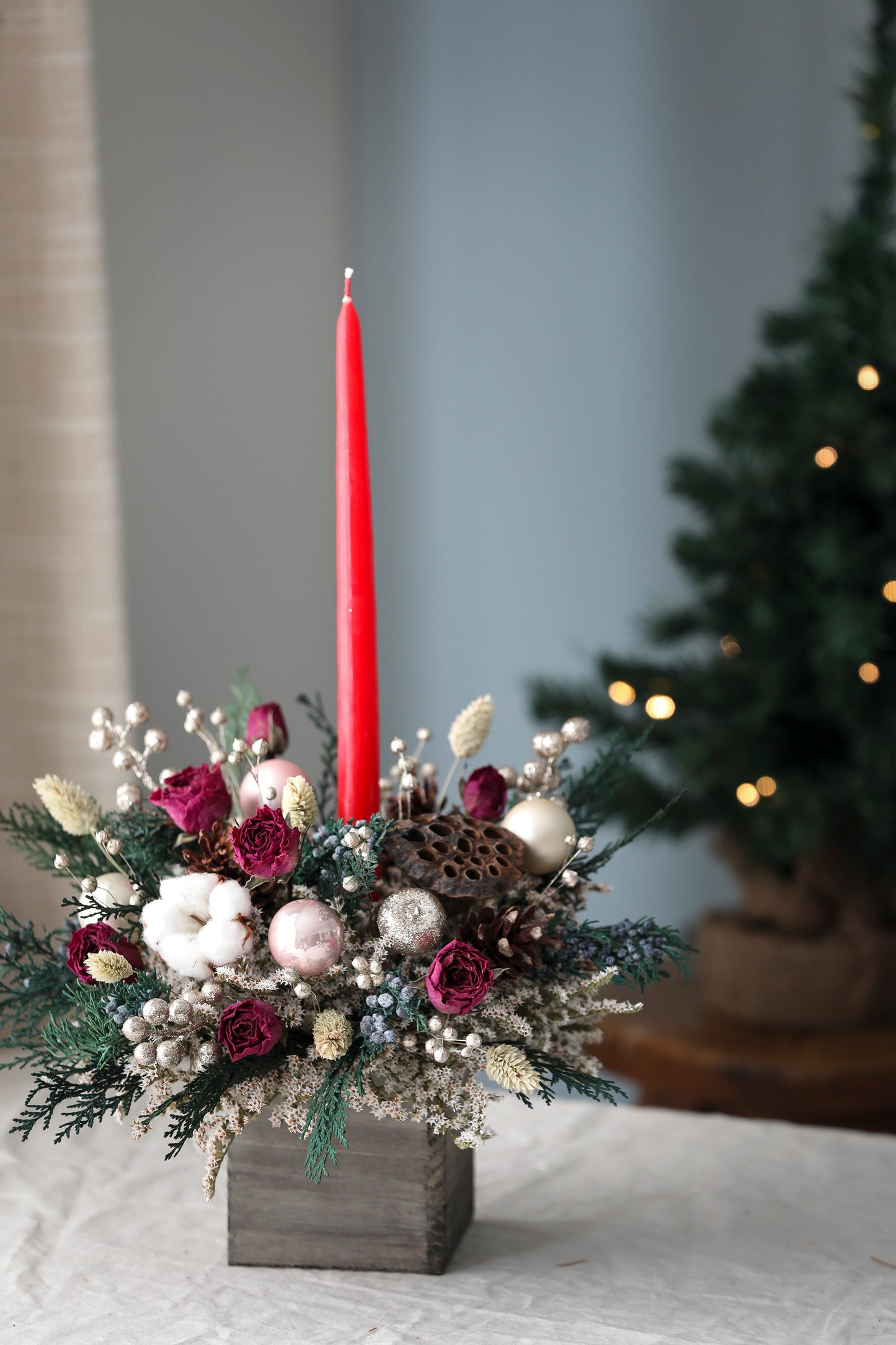 Dried Hot Pink Flowers Candle Centerpiece