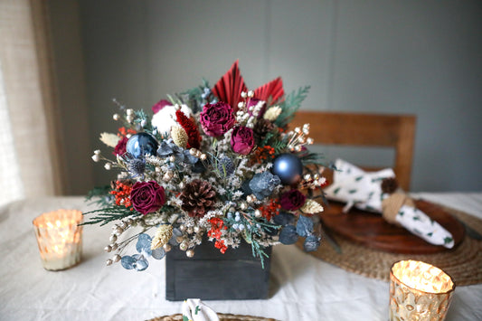 Burgundy & Blue Winter Centerpiece