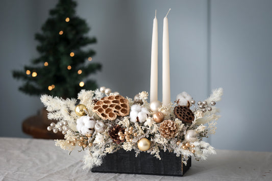 Gold & White Ornaments Candle Centerpiece