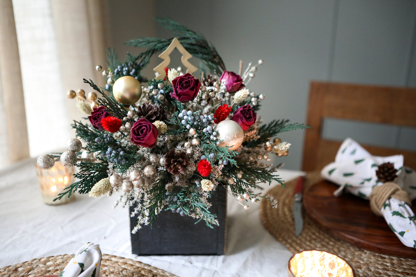 Hot Pink & Tree Winter Arrangement