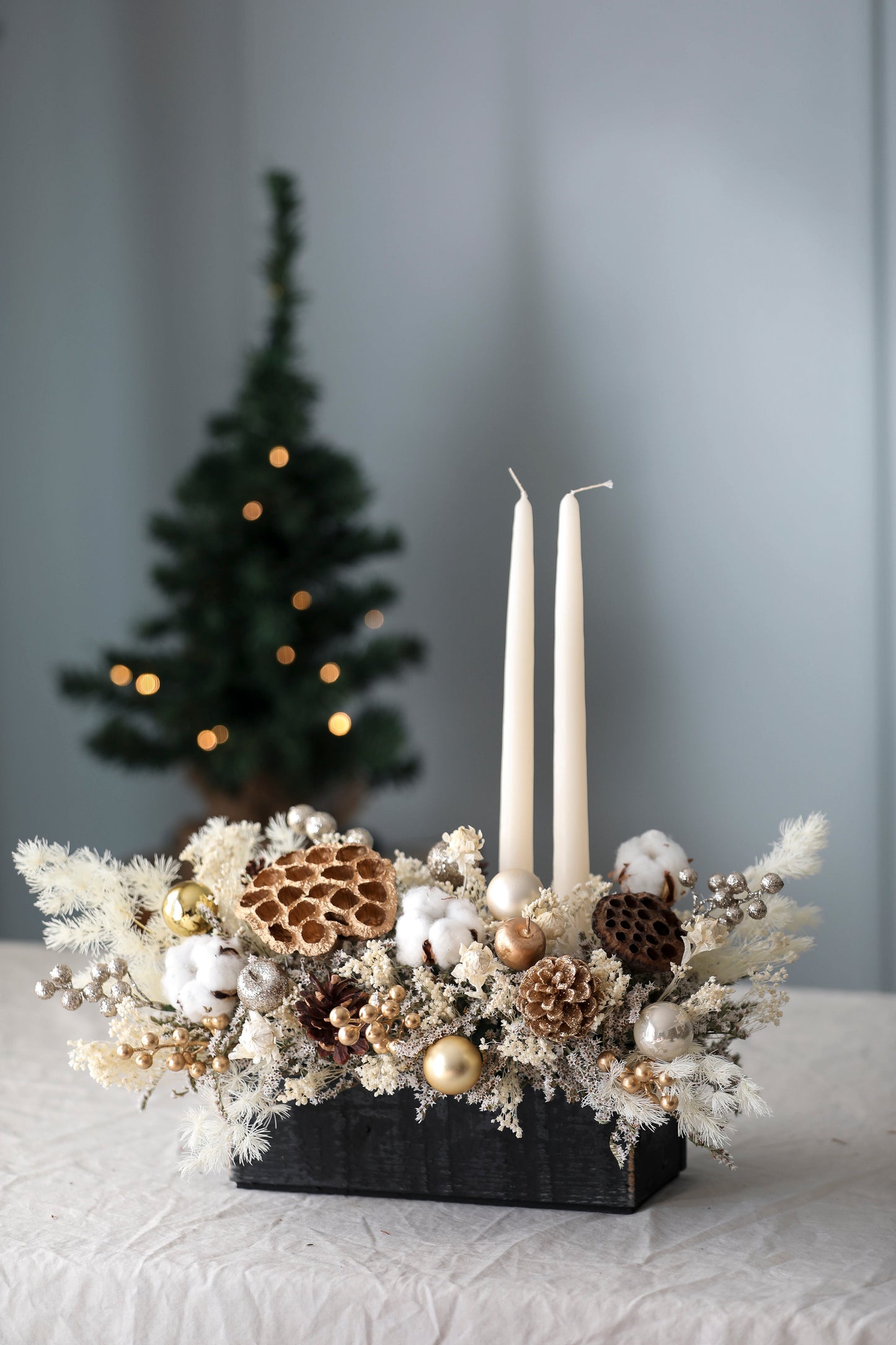 Gold & White Ornaments Candle Centerpiece