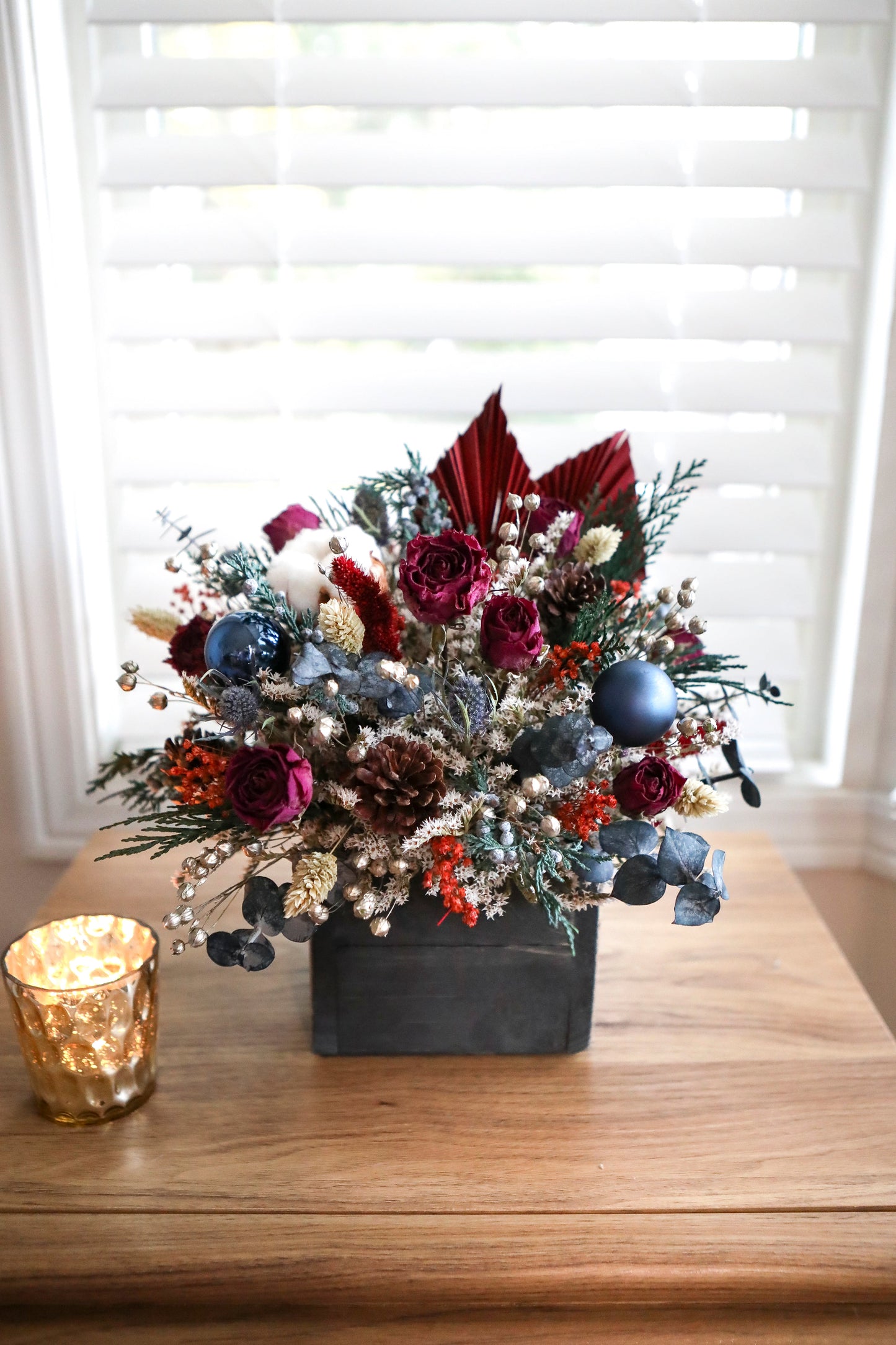 Burgundy & Blue Winter Centerpiece