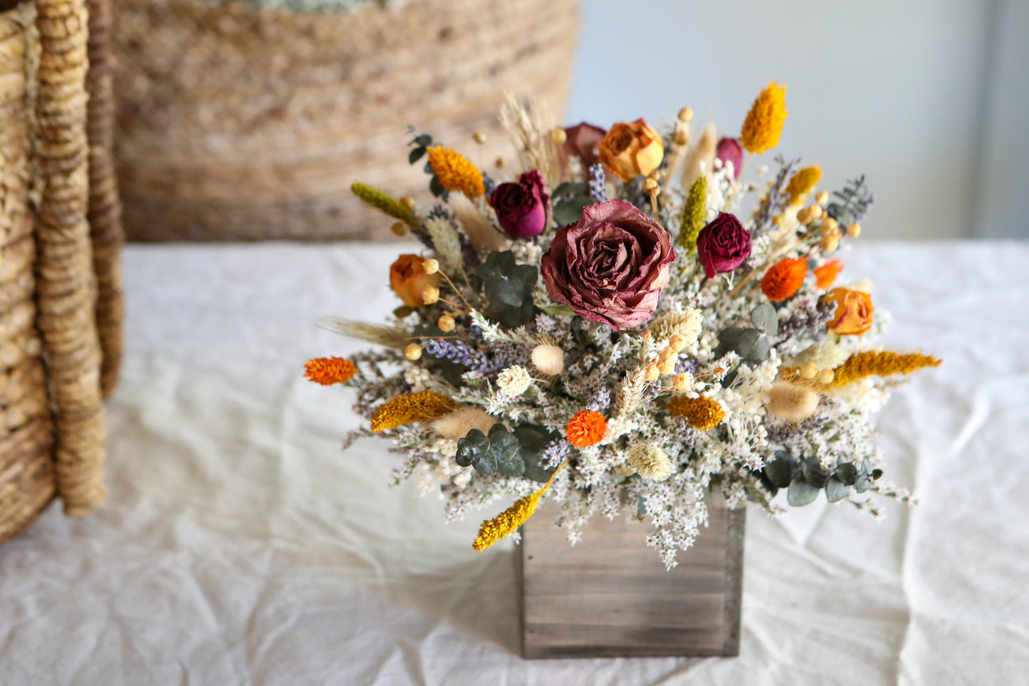 Dreid Purple & Yellow Roses Centerpiece