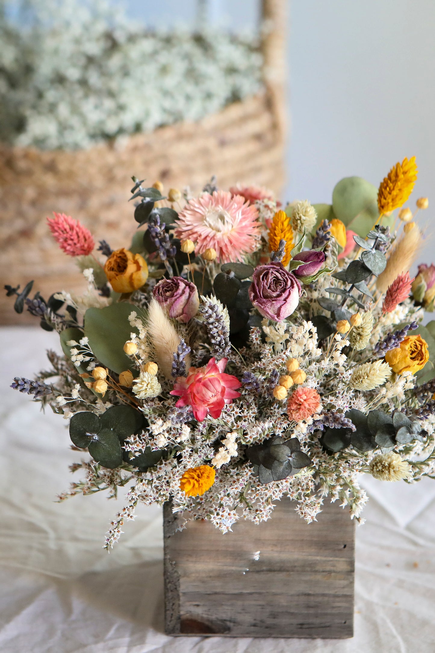 Dried Roses & Eucalyptus Centerpiece