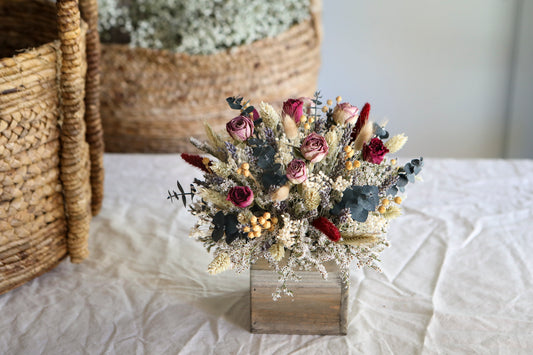 Dried Lavender Roses & Burgundy Arrangement