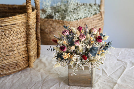 Dried Lavender Roses & Burgundy Arrangement