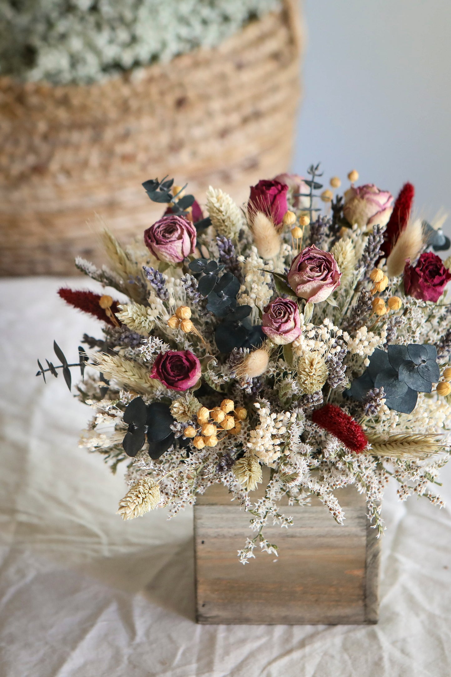 Dried Lavender Roses & Burgundy Arrangement