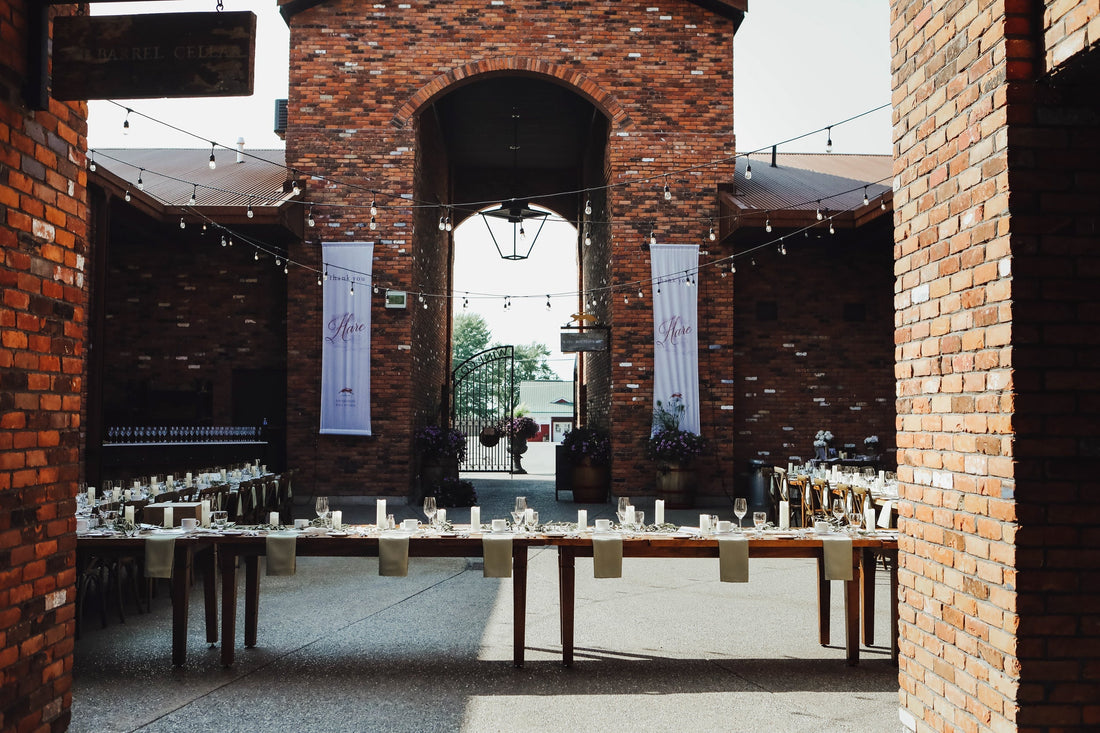 Hare Wine Co. wedding flowers – winery reception courtyard