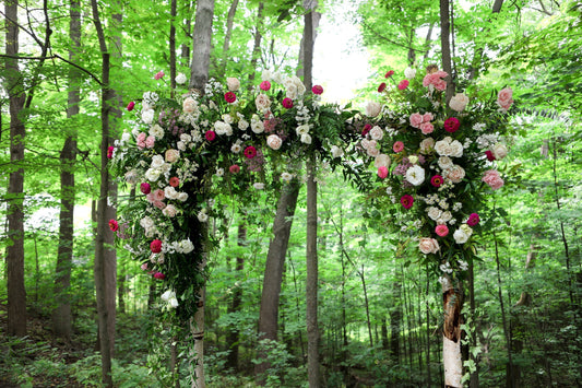 Woodland wedding floral arch at Kortright Centre in Vaughan