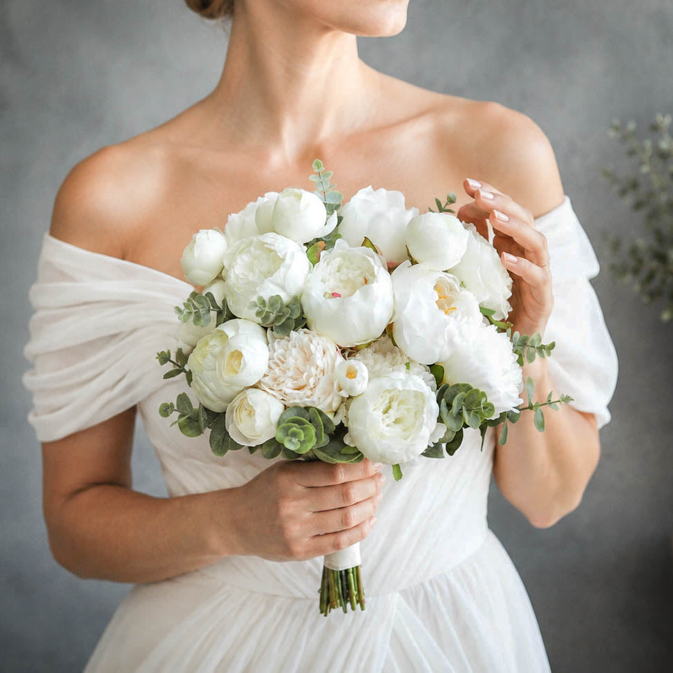 White peony silk wedding bouquet with peonies, ivory blooms and greenery