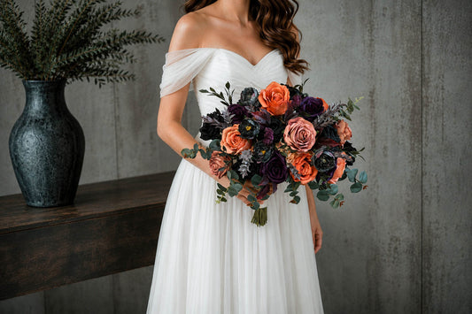 Dark Purple Terracotta Silk Wedding Bouquet, Boho Artificial Bridal Flowers
