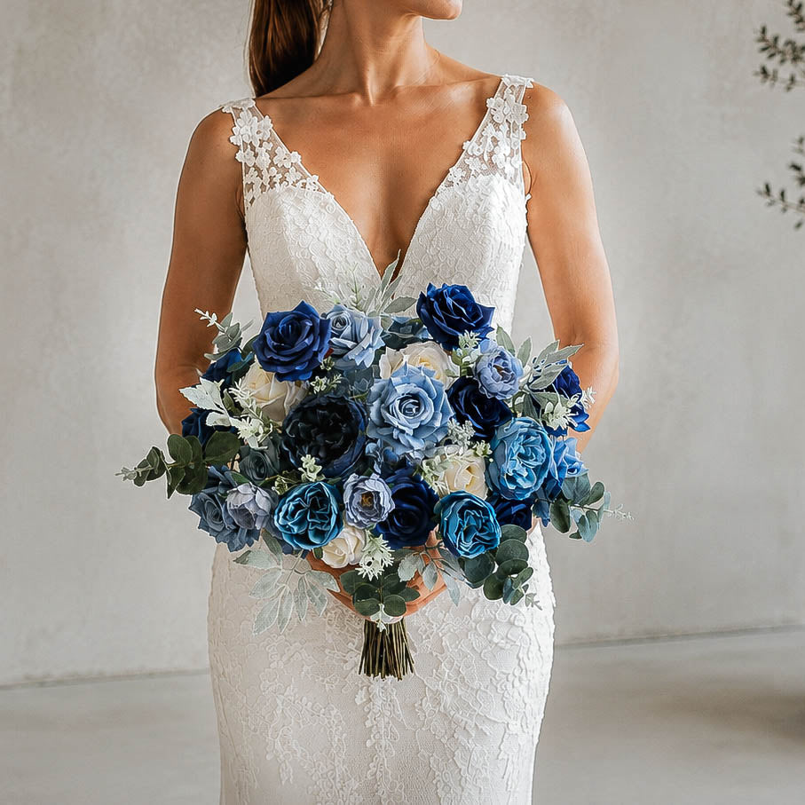 Dusty blue and navy blue bouquet with rose and eucalyptus