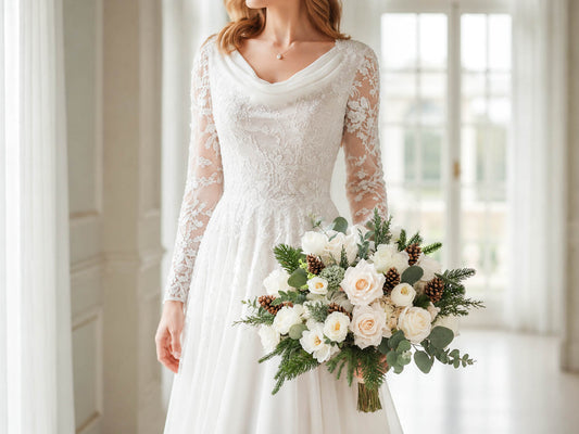 White Winter Silk Wedding Bouquet, Bridal Flowers with Pine Cones