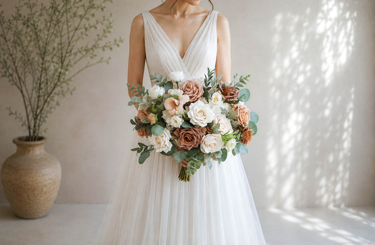 Neutral Artificial Wedding Bouquet, Quicksand Toffee Roses, Silk Bridal Flowers