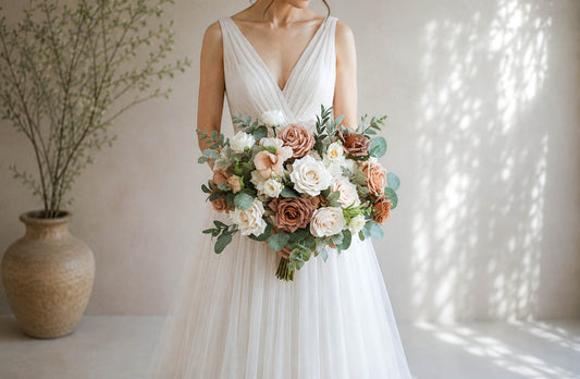 Neutral Artificial Wedding Bouquet, Quicksand Toffee Roses, Silk Bridal Flowers