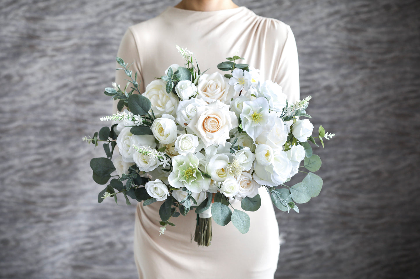 White and Sage Silk Wedding Bouquet, Eucalyptus Artificial Bridal Flowers