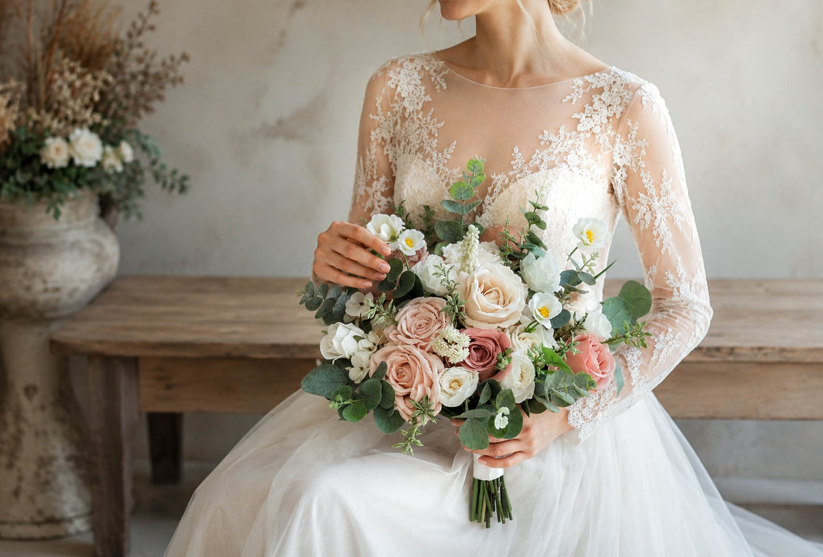 Dusty Pink Silk Wedding Bouquet, Wildflower Artificial Bridal Flowers