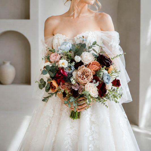 Burgundy and blush pink silk wedding bouquet with roses, blush blooms and greenery
