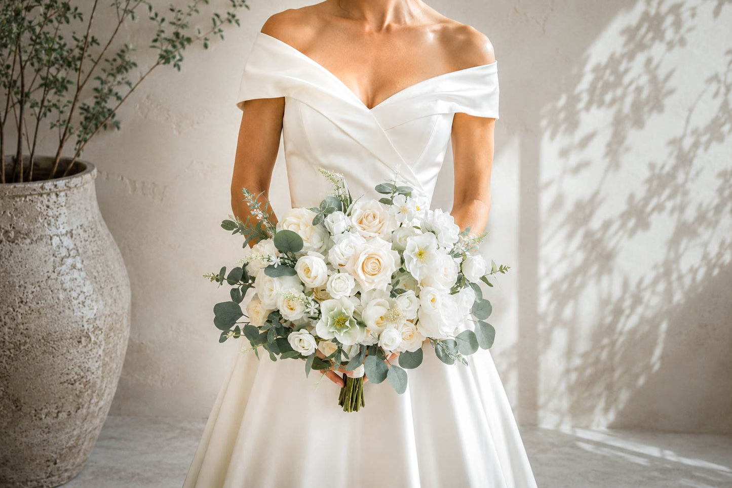 White and Sage Silk Wedding Bouquet, Eucalyptus Artificial Bridal Flowers