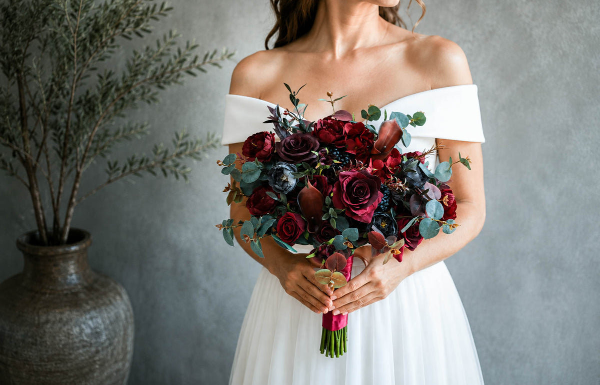 Burgundy Silk Wedding Bouquet, Moody Artificial Bridal Flowers