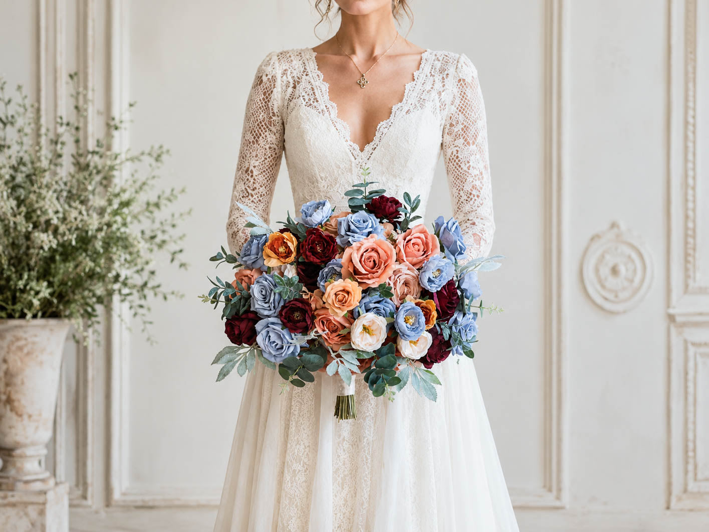 Dusty Blue and Blush Wedding Bouquet, Burgundy Silk Bridal Flowers