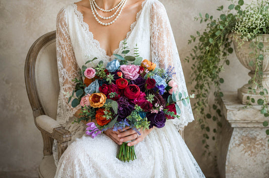 Burgundy Jewel Tone Artificial Wedding Bouquet, Silk Bridal Flowers