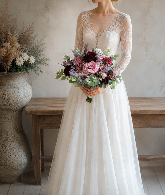 Mauve and Burgundy Silk Wedding Bouquet, Fall Artificial Bridal Flowers