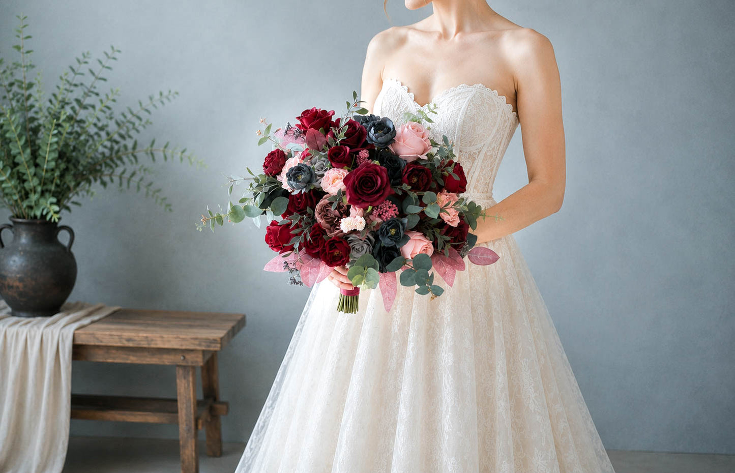 Burgundy Blush & Navy Silk Wedding Bouquet, Dusty Rose Bridal Bouquet