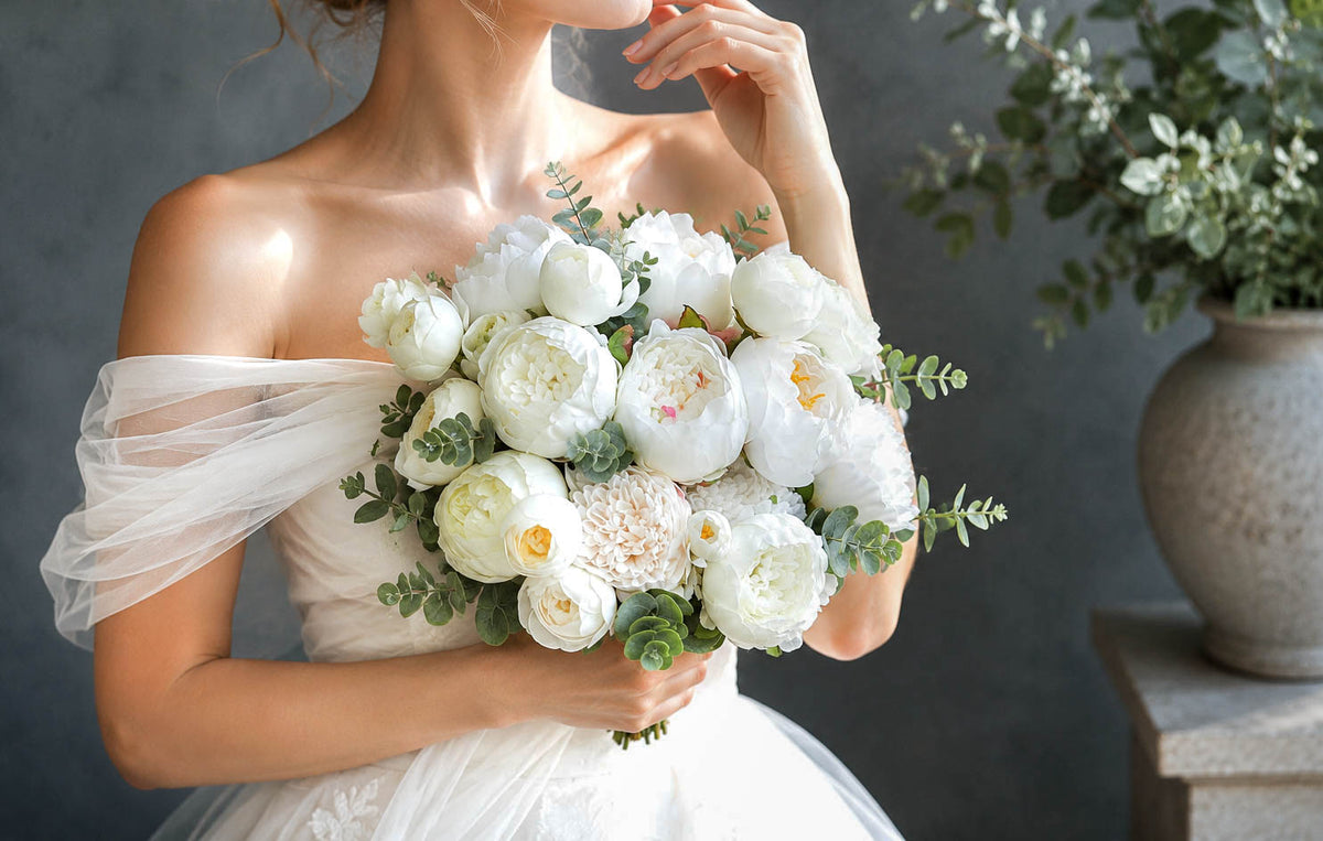 White Peony Silk Wedding Bouquet, Elegant Artificial Bridal Flowers