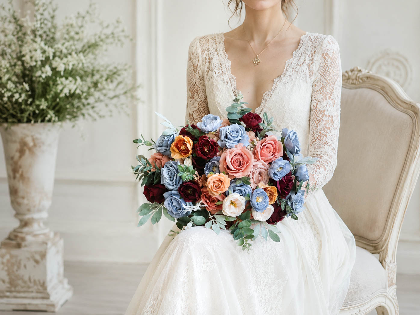 Dusty Blue and Blush Wedding Bouquet, Burgundy Silk Bridal Flowers