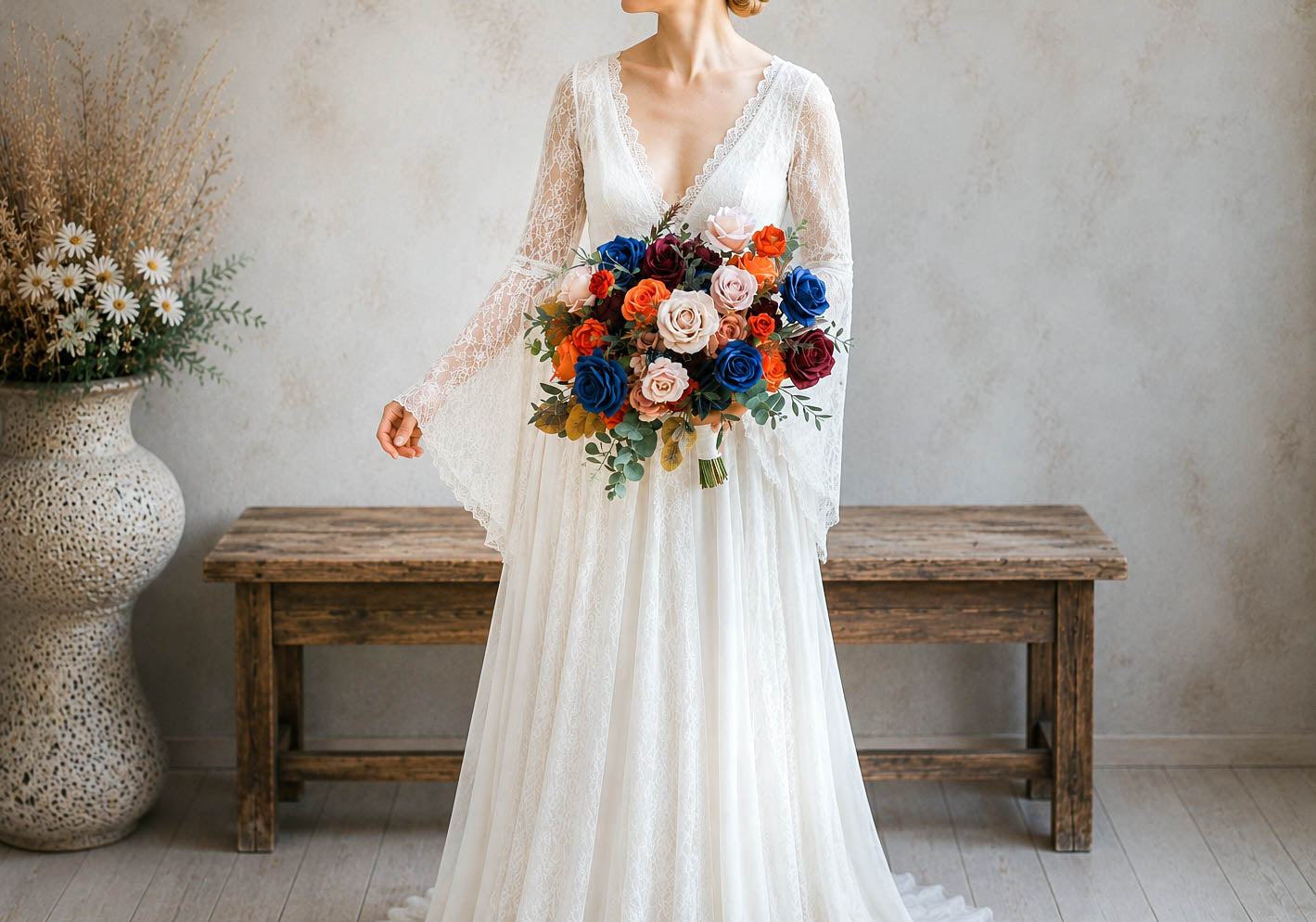 Moody Jewel Tone Wedding Bouquet, Burgundy Orange Navy Silk Bridal Flowers