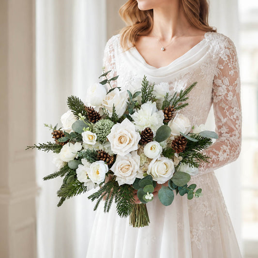 White winter silk wedding bouquet with white roses, ivory blooms and pine cones