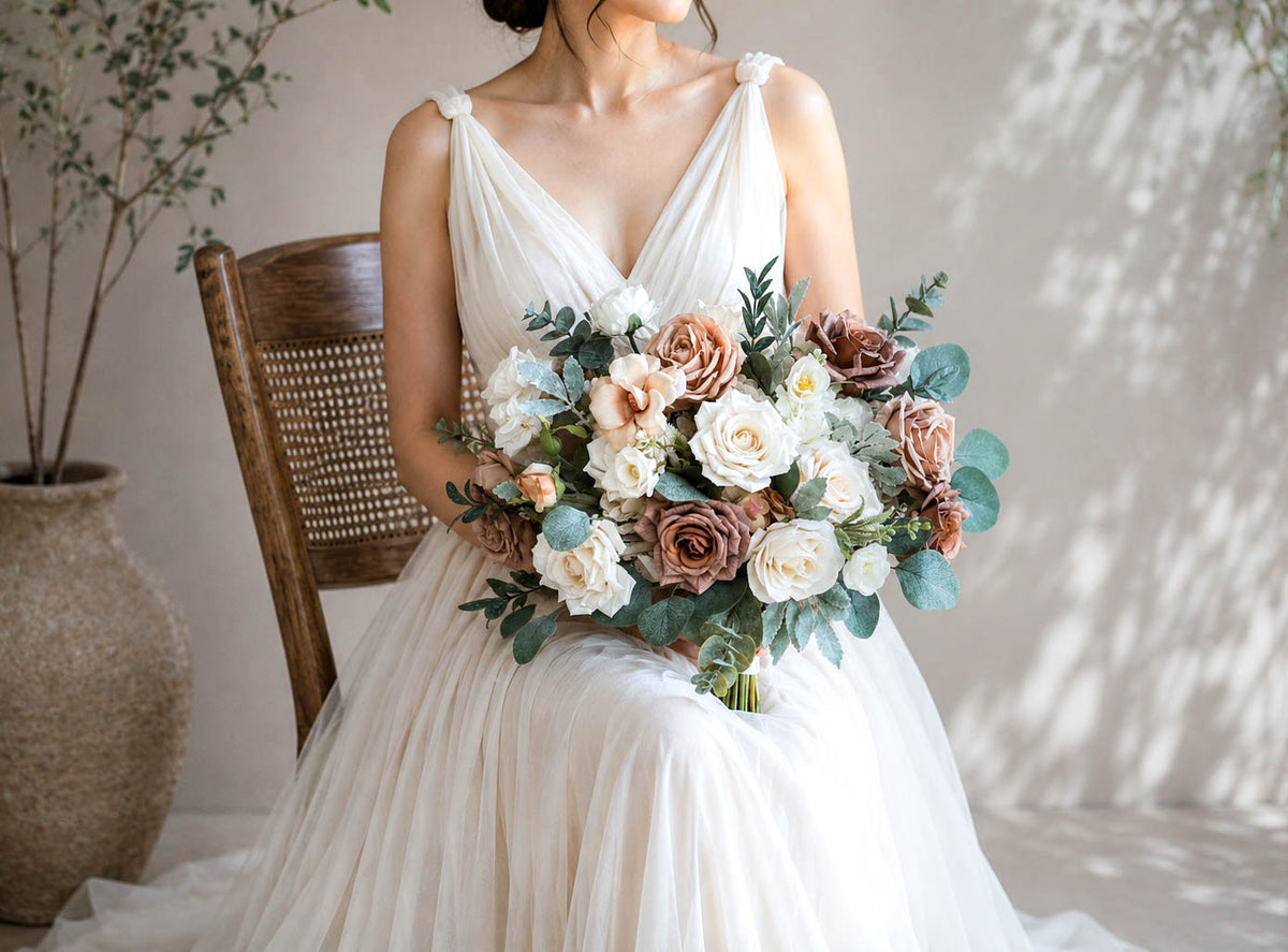 Neutral Artificial Wedding Bouquet, Quicksand Toffee Roses, Silk Bridal Flowers