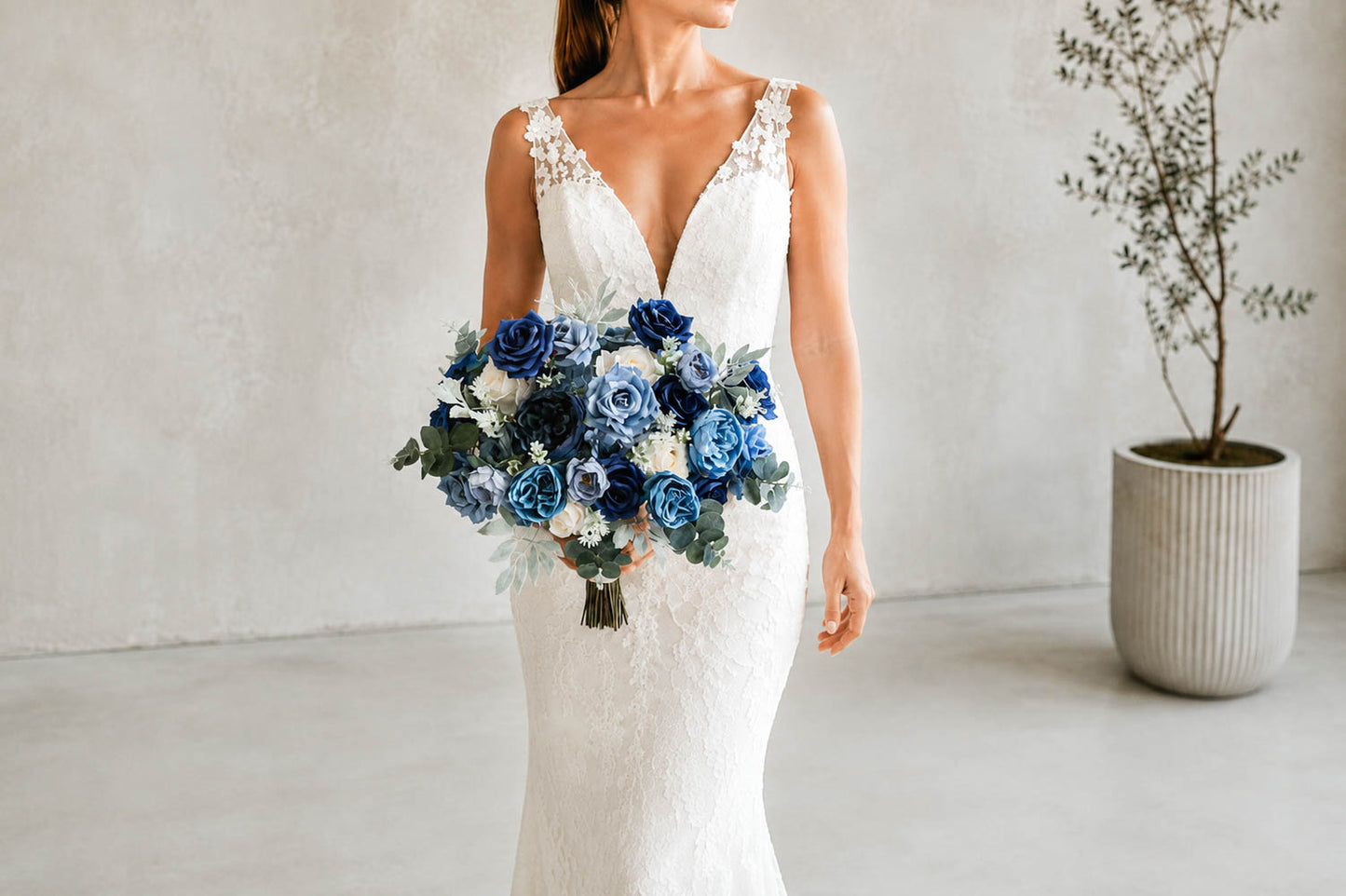 Dusty Blue Silk Wedding Bouquet, Navy Blue Bridal Flowers