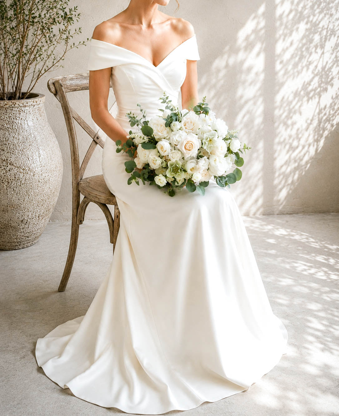 White and Sage Silk Wedding Bouquet, Eucalyptus Artificial Bridal Flowers