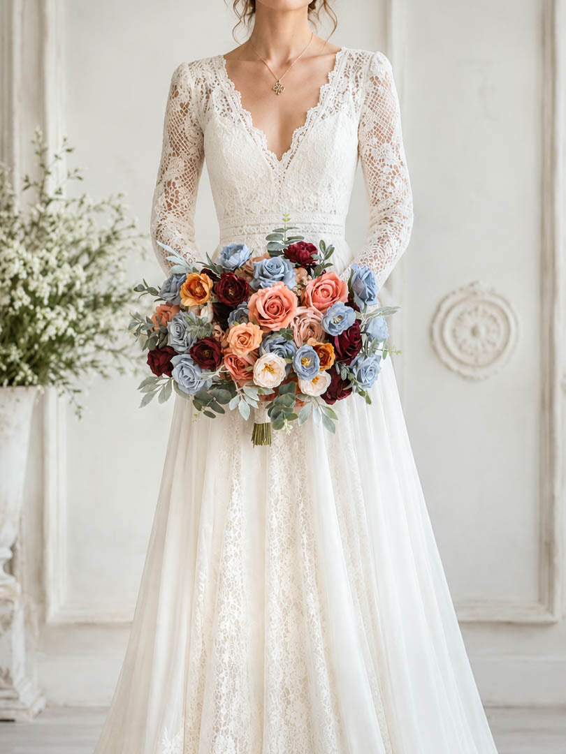 Dusty Blue and Blush Wedding Bouquet, Burgundy Silk Bridal Flowers
