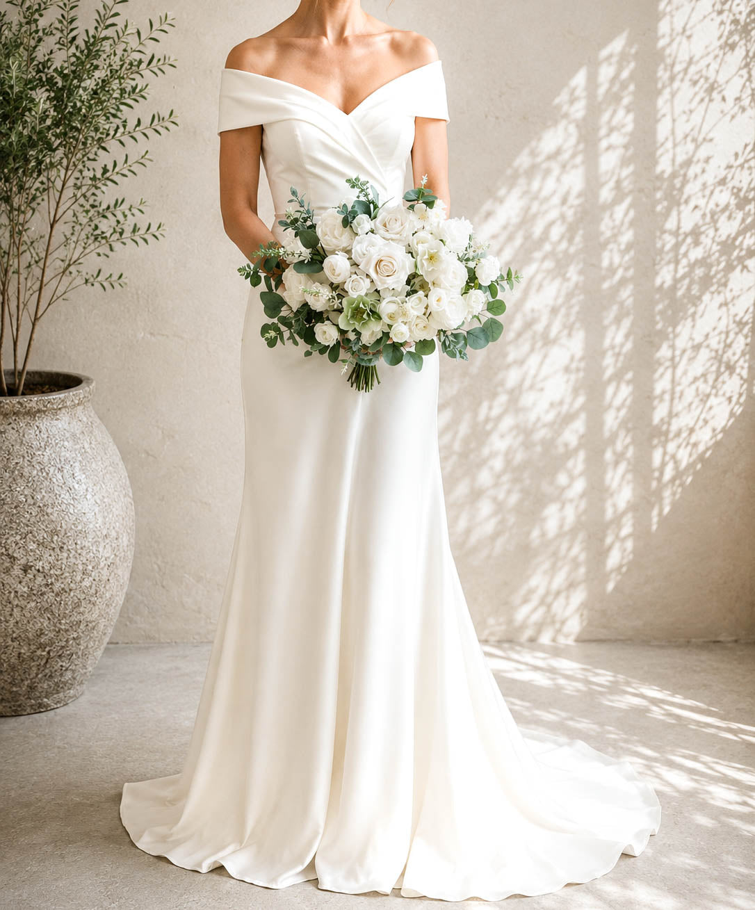 White and Sage Silk Wedding Bouquet, Eucalyptus Artificial Bridal Flowers