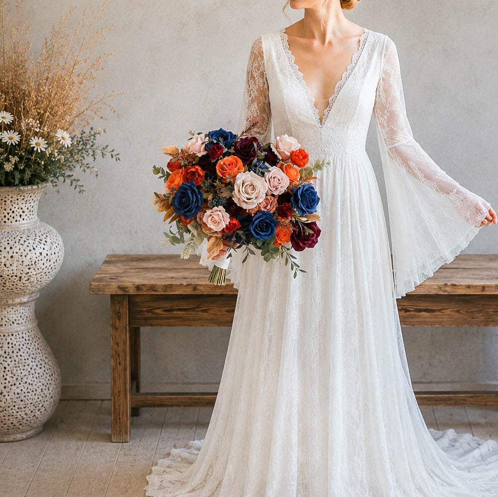 Burgundy, Orange and Navy blue bouquet with rose