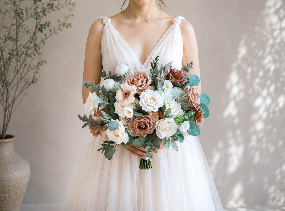 Neutral Artificial Wedding Bouquet, Quicksand Toffee Roses, Silk Bridal Flowers