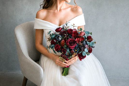 Burgundy Silk Wedding Bouquet, Moody Artificial Bridal Flowers