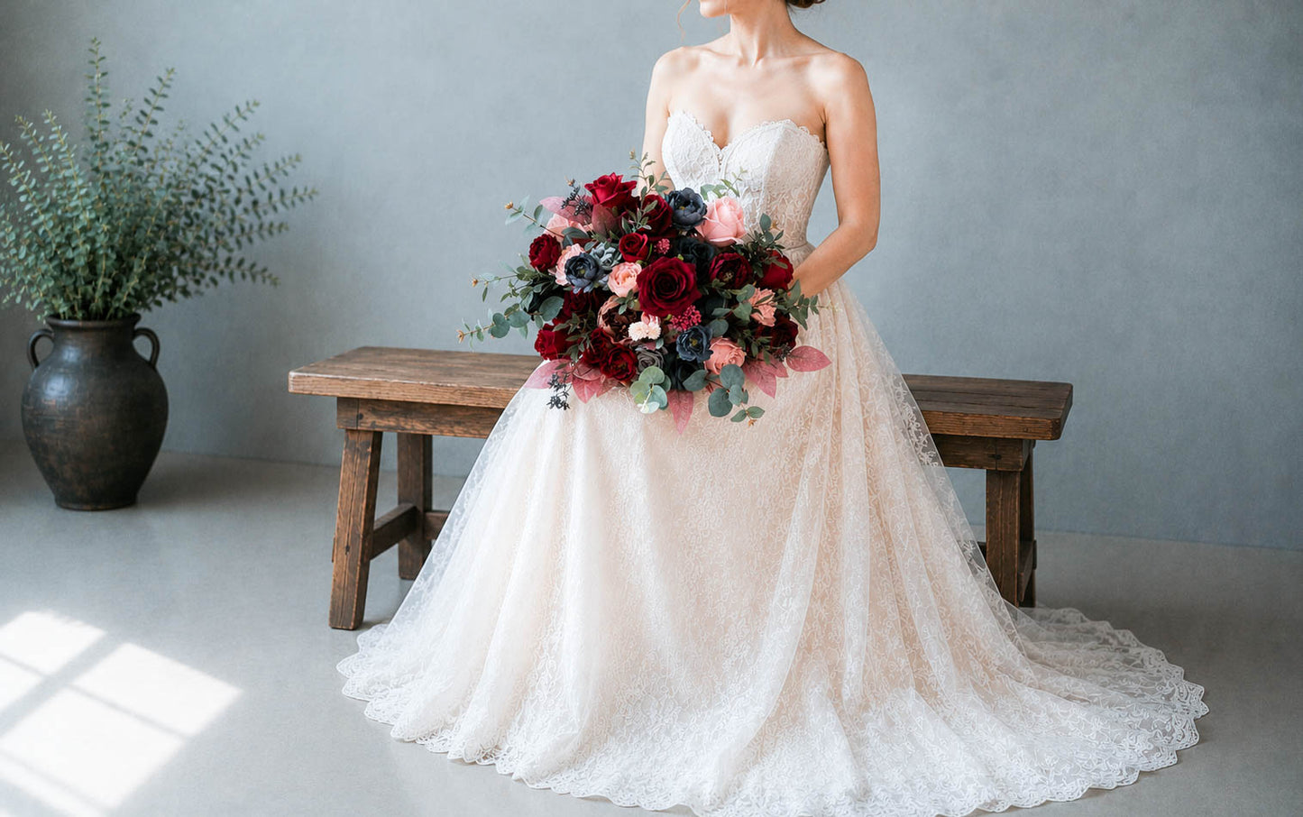 Burgundy Blush & Navy Silk Wedding Bouquet, Dusty Rose Bridal Bouquet