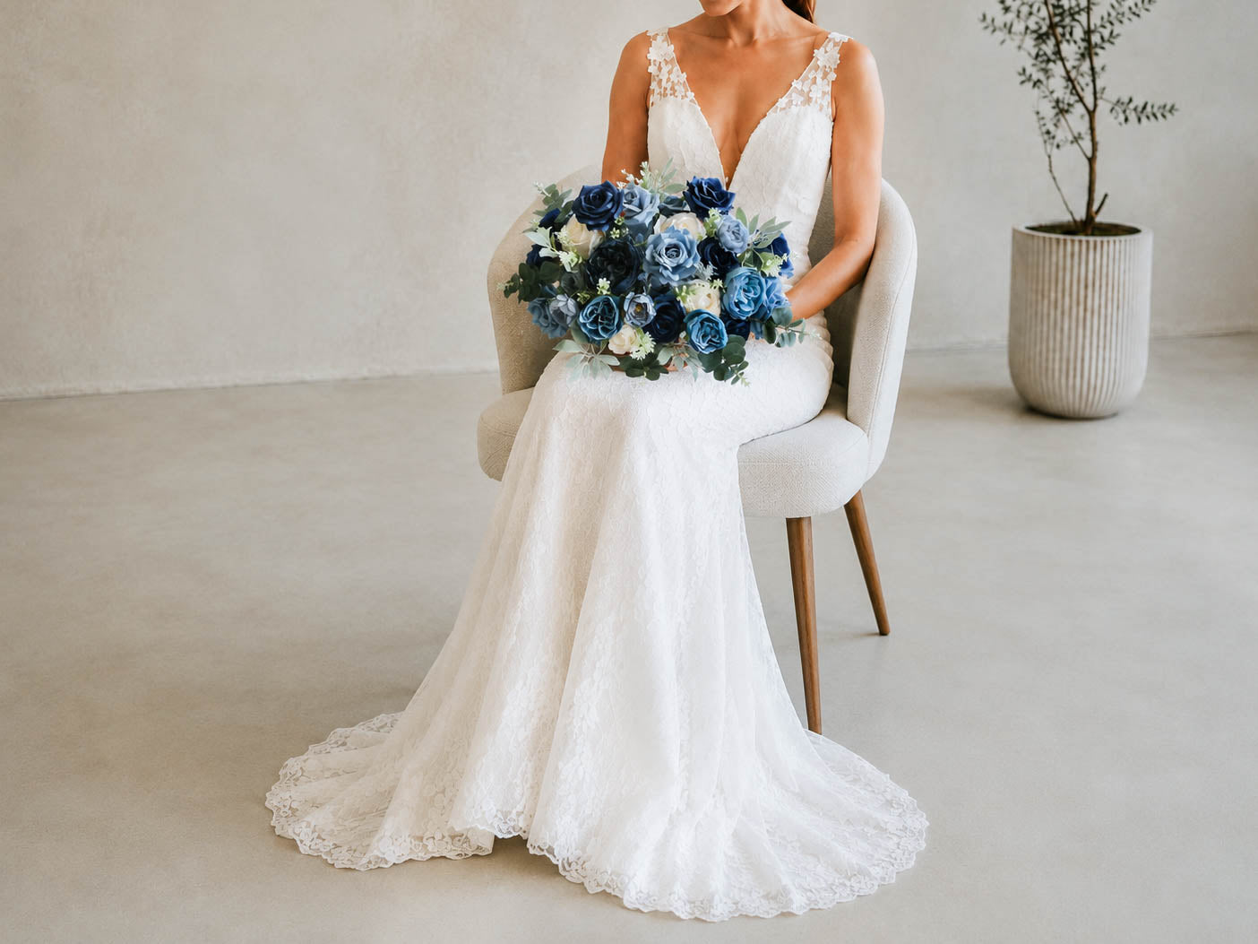 Dusty Blue Silk Wedding Bouquet, Navy Blue Bridal Flowers