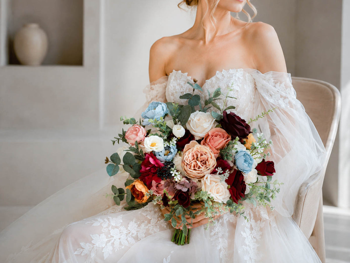 Burgundy and Blush Pink Silk Wedding Bouquet, Romantic Artificial Bridal Flowers